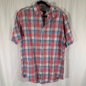 Charter Club Linen Blend Men's Small Pink Plaid Button Up Short Sleeve Light